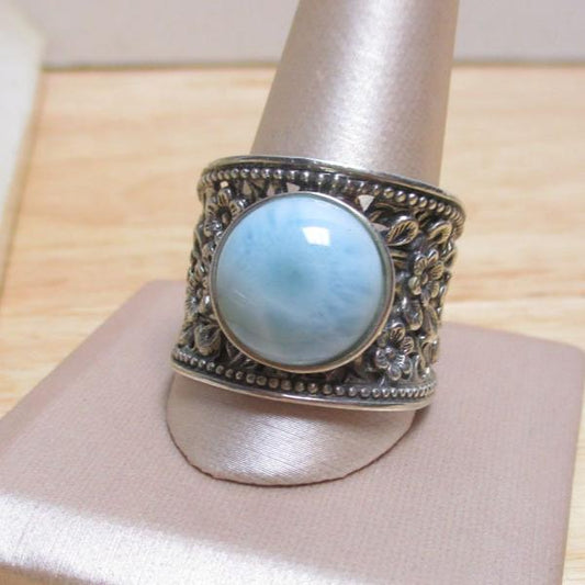 Sterling Silver and Larimar Reticulated Floral Signet Ring Size 12 1/4