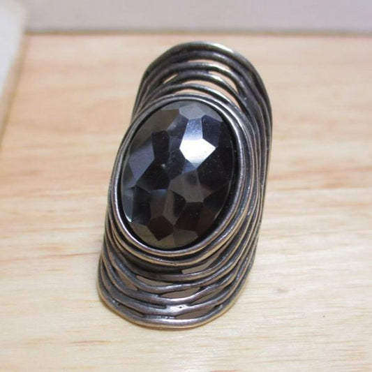 Sterling Silver & Faceted Onyx Or Paz Israel Statement Ring Size 6