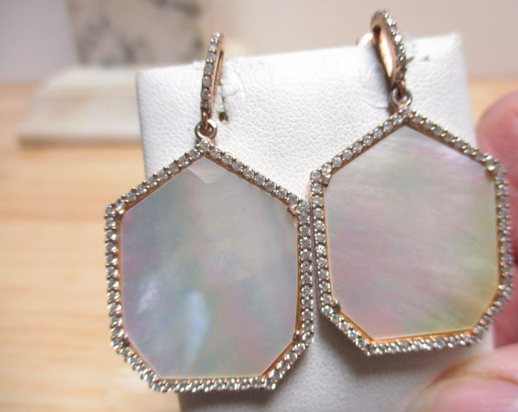 Gr 134 Rose Gold Vermeil Sterling Silver and Mother of Pearl Drop Earrings Cubic Zirconia