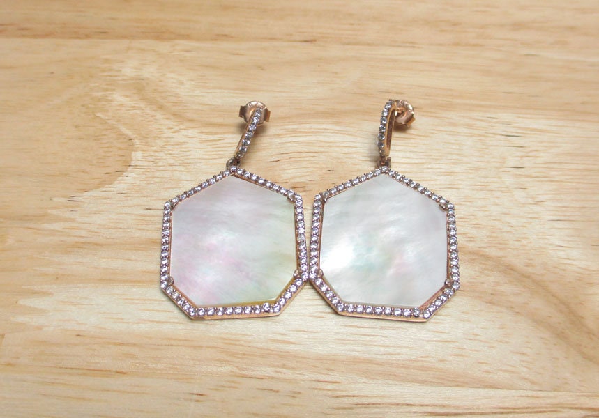 Gr 134 Rose Gold Vermeil Sterling Silver and Mother of Pearl Drop Earrings Cubic Zirconia