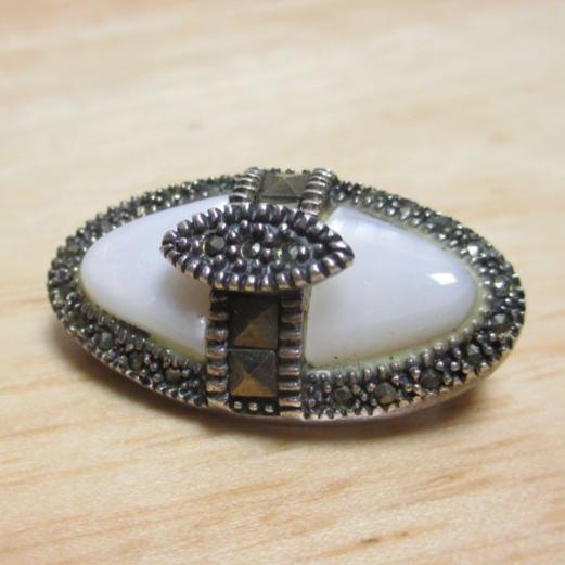 Art Deco Sterling Silver, Marcasite and Mother of Pearl Pin