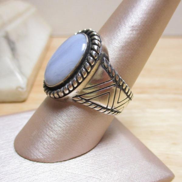 Gr 141 Carolyn Pollack Relios Sterling Silver and Blue Lace Agate Signet Ring Size 9 3/4