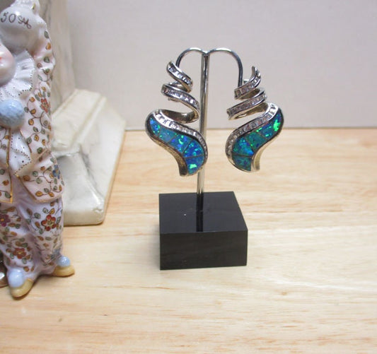 Sterling Silver, Cubic Zirconia and Opal Inlaid Stud Earrings