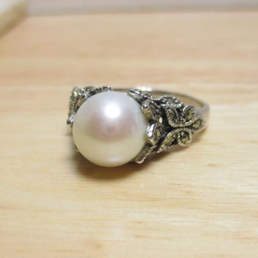 Art Deco Sterling Silver, Marcasite and Pearl Ring Size 12.5