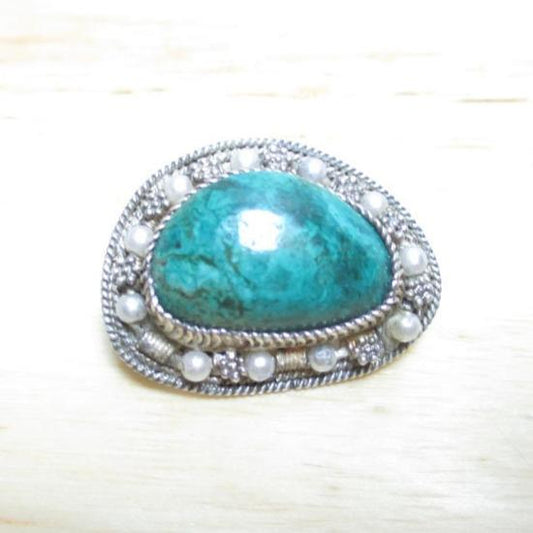 Vintage Israel Sterling Silver Turquoise and Pearl Pin and Pendant