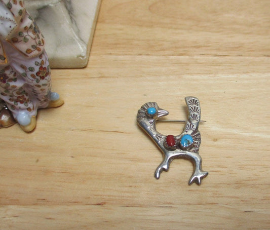 Gr 143 Navajo Sterling Silver, Turquoise and Coral Sandcast Roadrunner Pin Hand-stamped