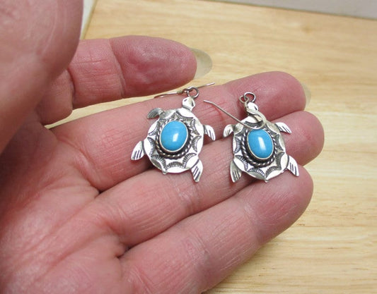 Gr 143 Navajo Sterling Silver and Turquoise Hand Stamped Dangle Earrings Turtles