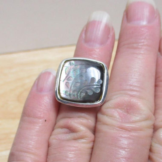 Silpada Carved Mother of Pearl Reticulated Sterling Silver Ring Size 6 1/2