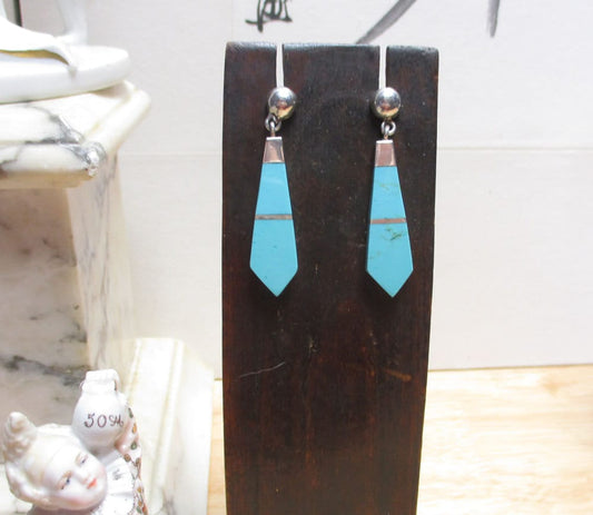 Gr 145 Taxco Sterling Silver Turquoise Chandelier Earrings 1 3/4" Long Vintage Mexico