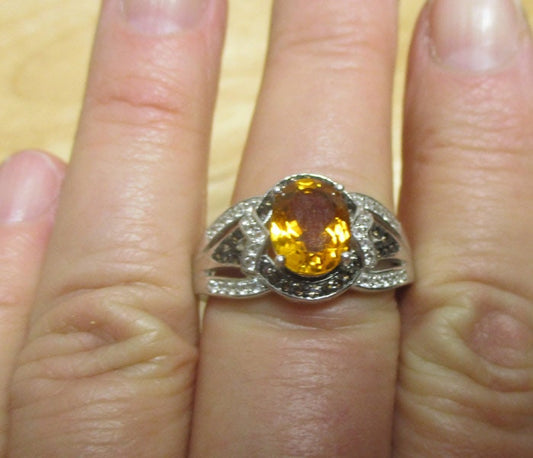 Sterling Silver, Citrine and Black Spinel Statement Ring Size 12 3/4