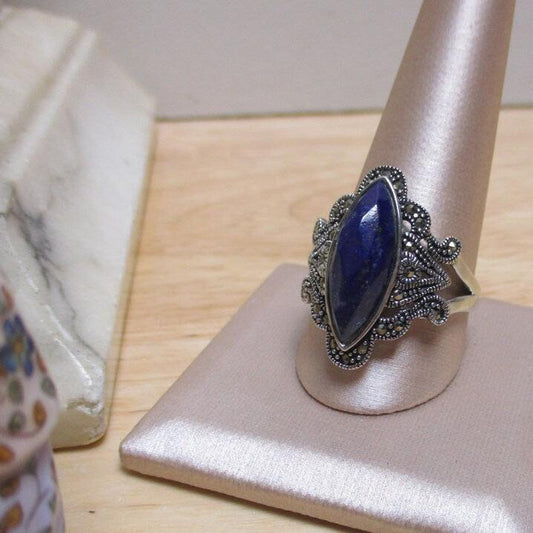 Art Deco Sterling Silver, Marcasite and Lapis Lazuli Ring Size 12 1/2