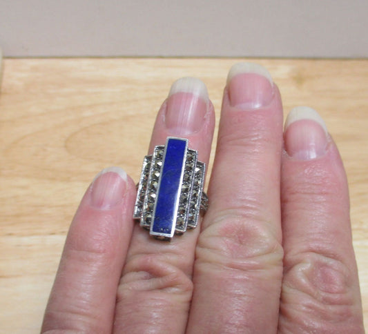 Art Deco Sterling Silver, Marcasite and Lapis Lazuli Ring Size 5 1/4