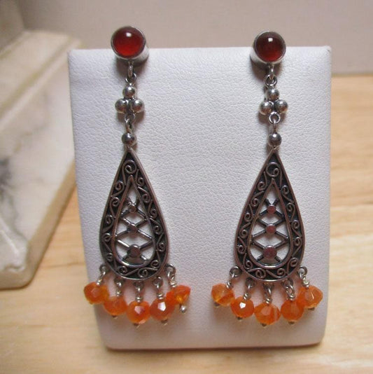 Vintage Signed Sajen Sterling Silver Articulated Earrings, Carnelian and Quartz Dangles