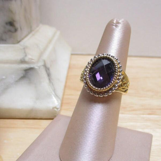 Sterling Silver Vermeil Amethyst Engraved Signet Ring Size 7 1/4