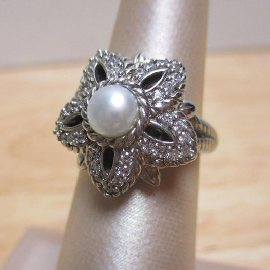 Signed Judith Ripka Sterling Silver, Pearl and Cubic Zirconia Floral Ring Size 5 1/4