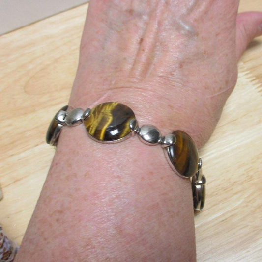 Signed Sterling Silver and Tiger Eye Hinged Link Bracelet 7 1/2" Length