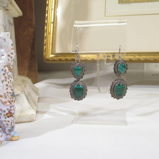 Navajo Nakai Hand Stamped Double Malachite Drop Earrings