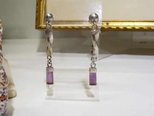 Gr 152 Vintage Mexico Taxco Sterling Silver Amethyst Articulated Earrings 2 1/2" Long