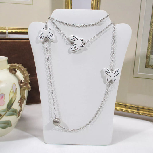 GR 54 Invicta Sterling Silver and Ceramic Butterfly 40" Necklace