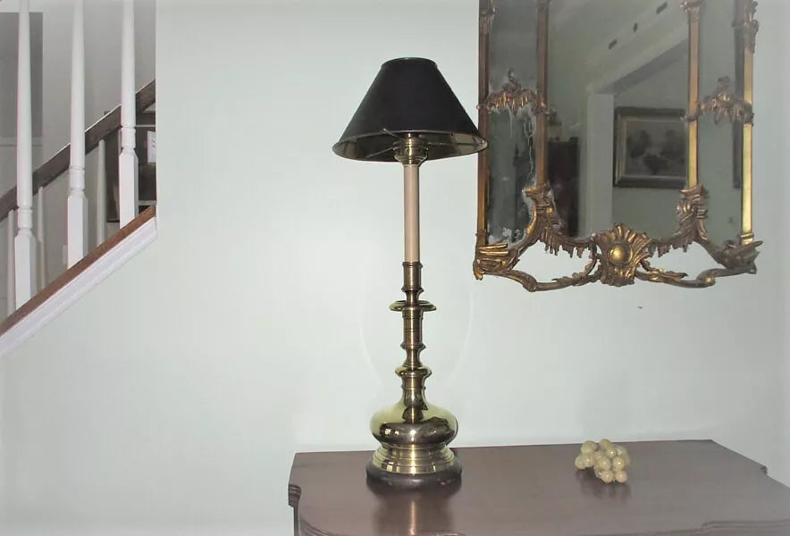 Vintage Brass Metal Toleware Lamp with Metal Shade Torchiere Candlestick Lamp