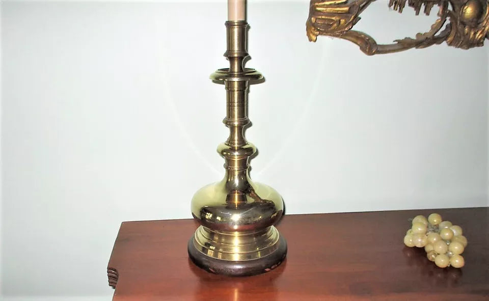 Vintage Brass Metal Toleware Lamp with Metal Shade Torchiere Candlestick Lamp